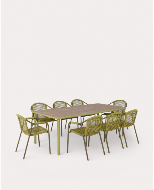Ensemble table rectangulaire Caitlyn en bois d'acacia 240x110 cm et 8 chaises d'extérieur Murna avec accoudoirs en métal - Vert Olive