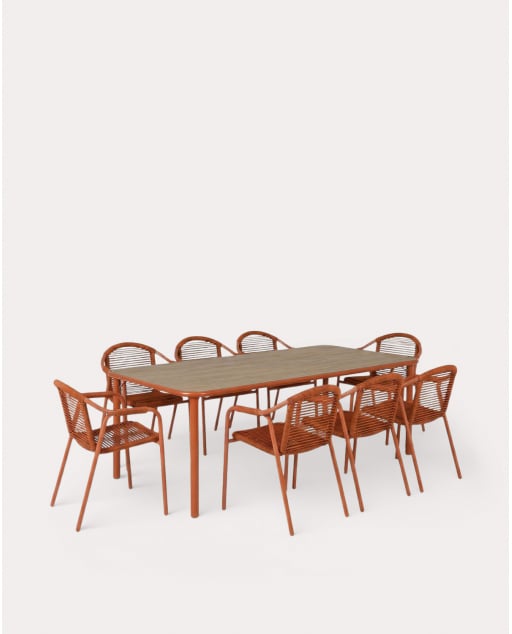 Ensemble Table Rectangulaire en Bois d'Acacia (240x110 cm) Caitlyn et 8 Fauteuils en Métal Murna pour Extérieur