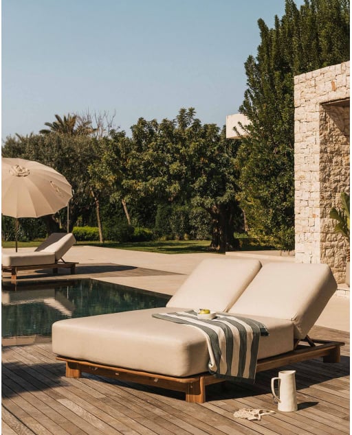 Chaise Longue Double Inclinable en Bois d'Acacia avec Coussin en Tissu Cael