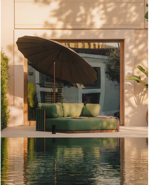 Chaise Longue Double en Bois d'Eucalyptus et Tissu Edvard