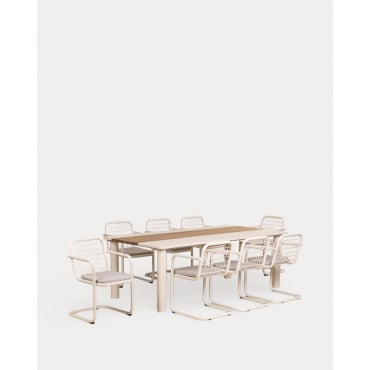 Ensemble Table Rectangulaire (220x110 cm) Lirae et 8 Chaises avec Accoudoirs en Métal Biaritz pour Usage Extérieur Beige Seashell - The Masie