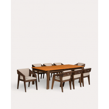 Ensemble Table Extensible Rectangulaire (225-330x100 cm) Ubel et 8 Fauteuils en Bois d'Acacia Tanon pour Usage Extérieur Orange Terra - The Masie