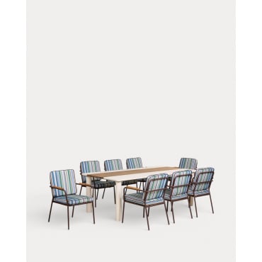 Ensemble Table Rectangulaire (220x110 cm) Lirae et 8 Chaises en Métal et Bois avec Accoudoirs Edimbra d'Extérieur Bleu Oceanic - The Masie