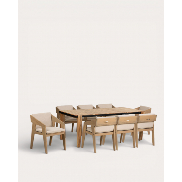 Ensemble Table Rectangulaire (200x100 cm) Lizzy et 8 Chaises d'Extérieur Tanon en Bois d'Acacia avec Accoudoirs Bois d'Acacia Clair - The Masie