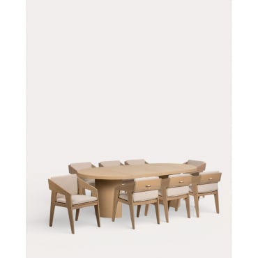 Ensemble Table Extensible en Métal Beca (Ø120-180x120 / 240x120 cm) et 8 Fauteuils d'Extérieur en Bois d'Acacia Tanon Bois Clair - The Masie