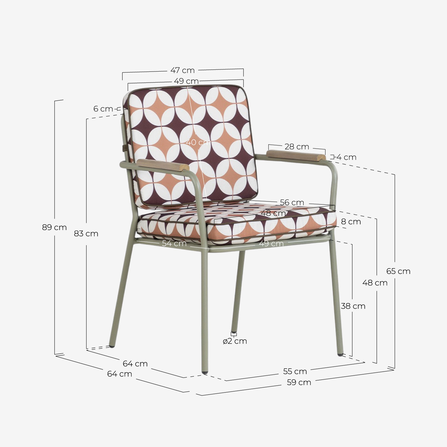 Pack 2 Chaises d'Extérieur en Métal et Tissu Edimbra, dimensions