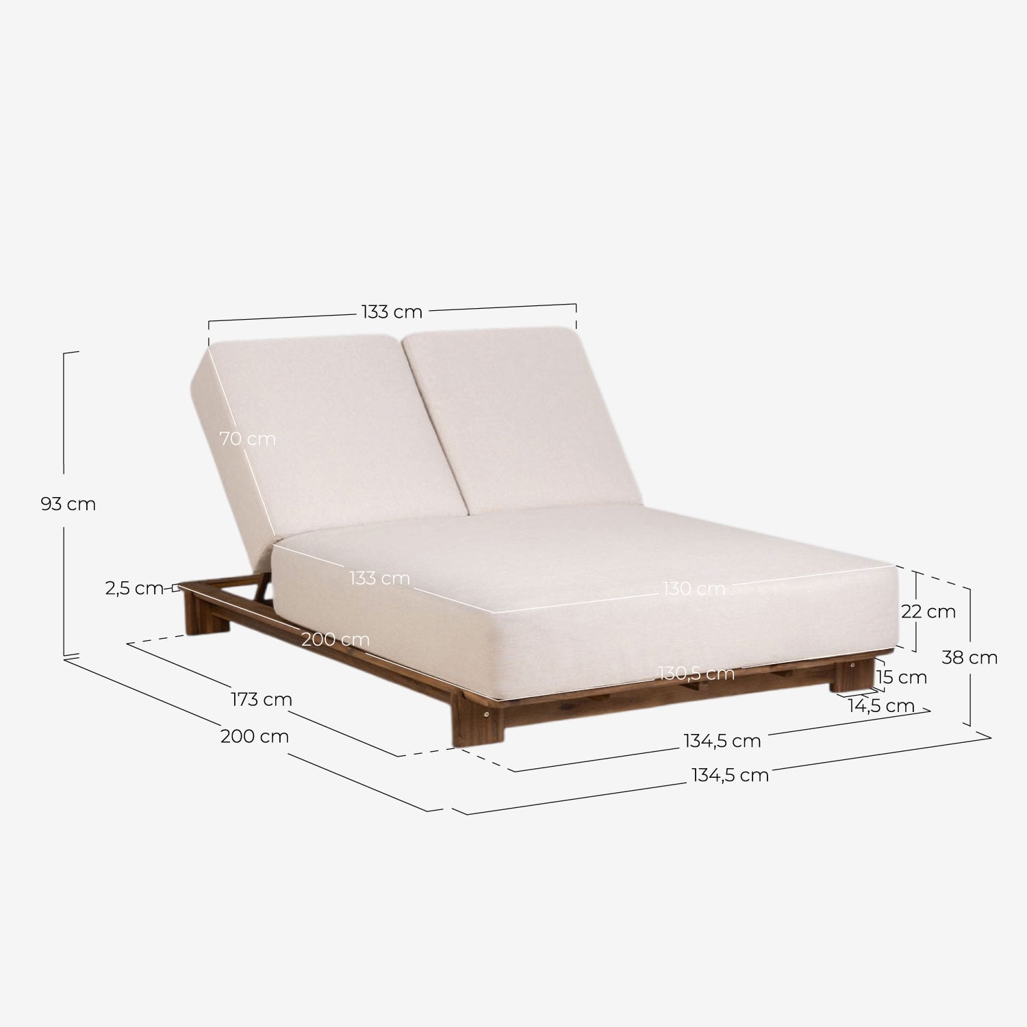 Chaise Longue Double Inclinable en Bois d'Acacia avec Coussin en Tissu Cael , dimensions
