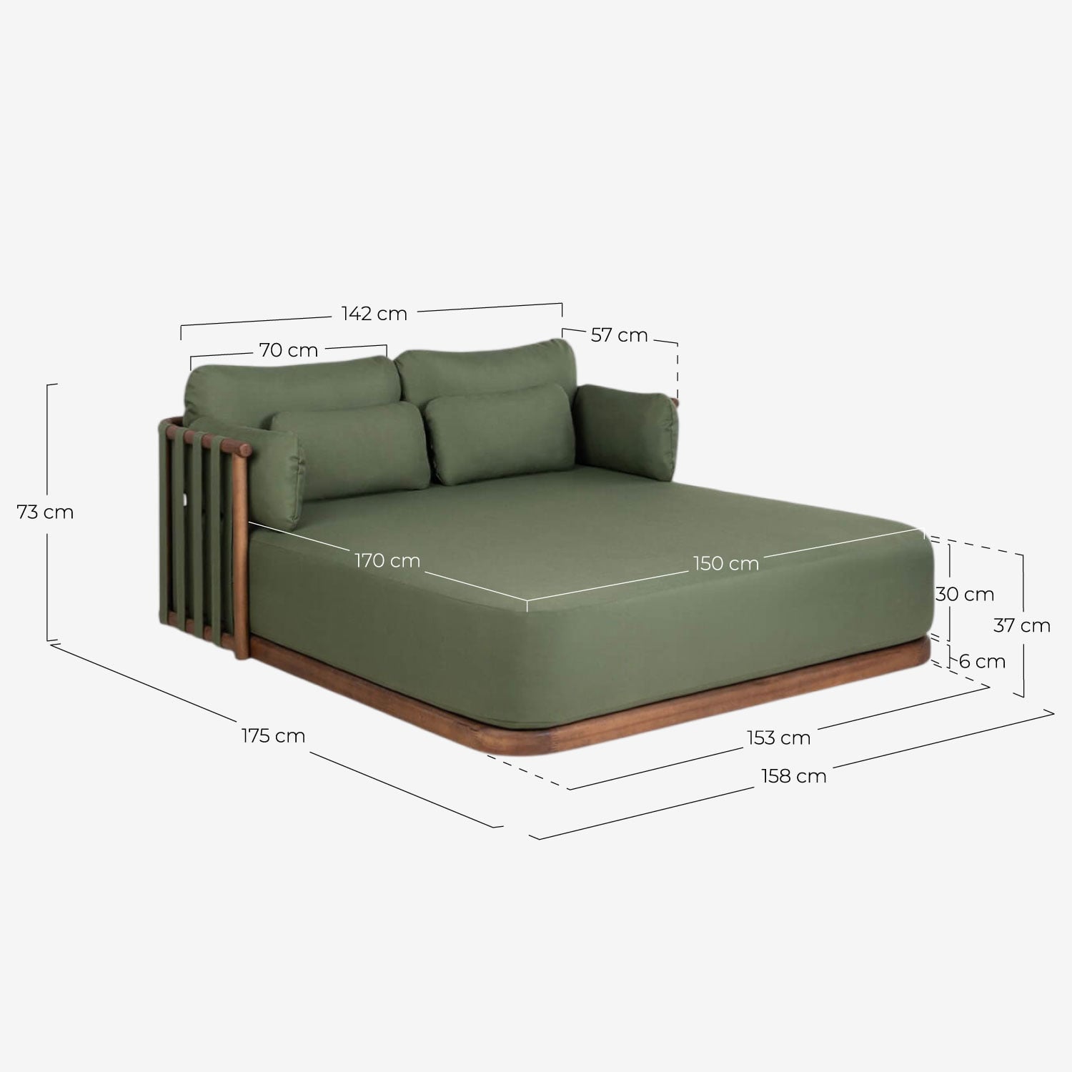 Chaise Longue Double en Bois d'Eucalyptus et Tissu Edvard, dimensions