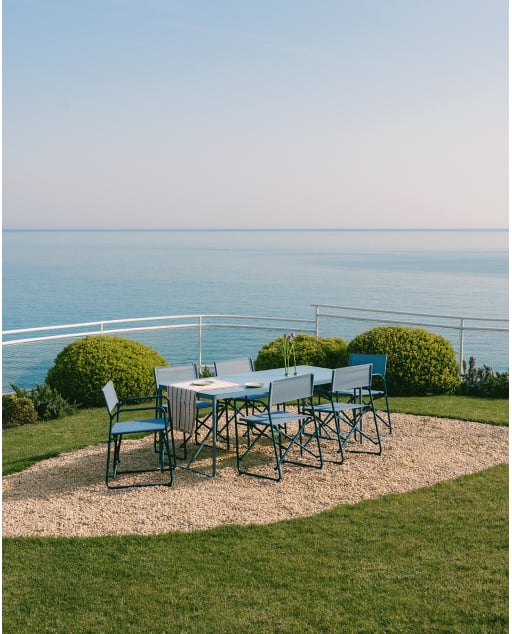 Ensemble avec table rectangulaire 185x85 cm et 6 chaises pliantes d'extérieur en métal et tissu Bowye