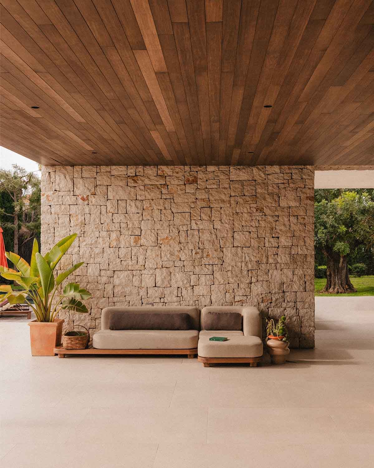 Ensemble de Canapé de Jardin Modulaire 2 Pièces Module Canapé et Module d'Angle en Bois d'Acacia et Pouf en tissu Redik, image de la gelerie 2