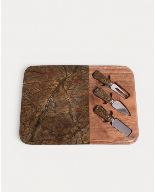 Ensemble planche à fromage en marbre et bois d'acacia avec 3 couteaux Serbal