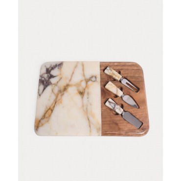 Set de Planche à Fromage en Marbre et Bois d'Acacia avec 3 Couteaux Serbal Marbre Blanc Calacatta - The Masie