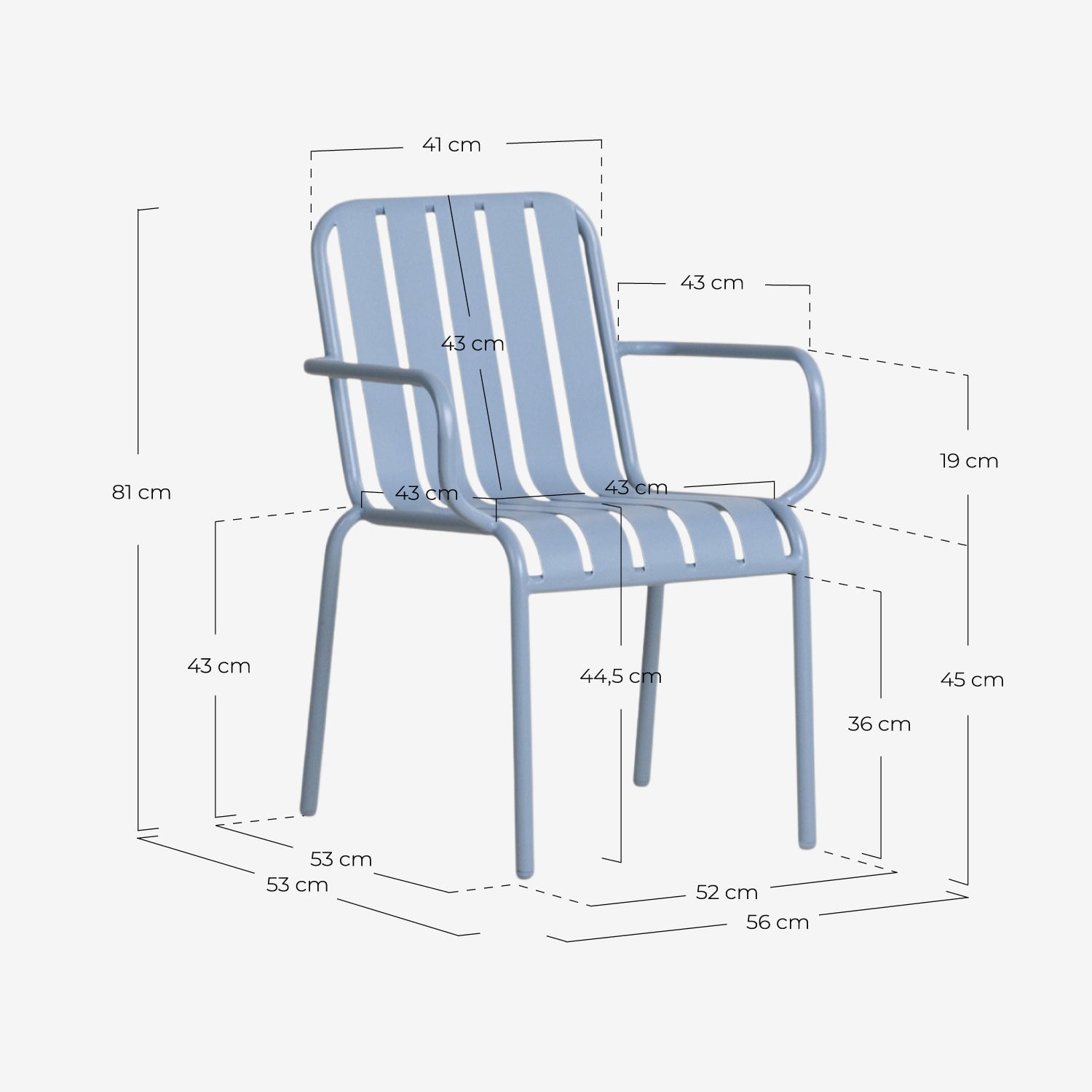 Pack 4 Chaises d'Extérieur avec Accoudoirs en Métal Tavo, dimensions