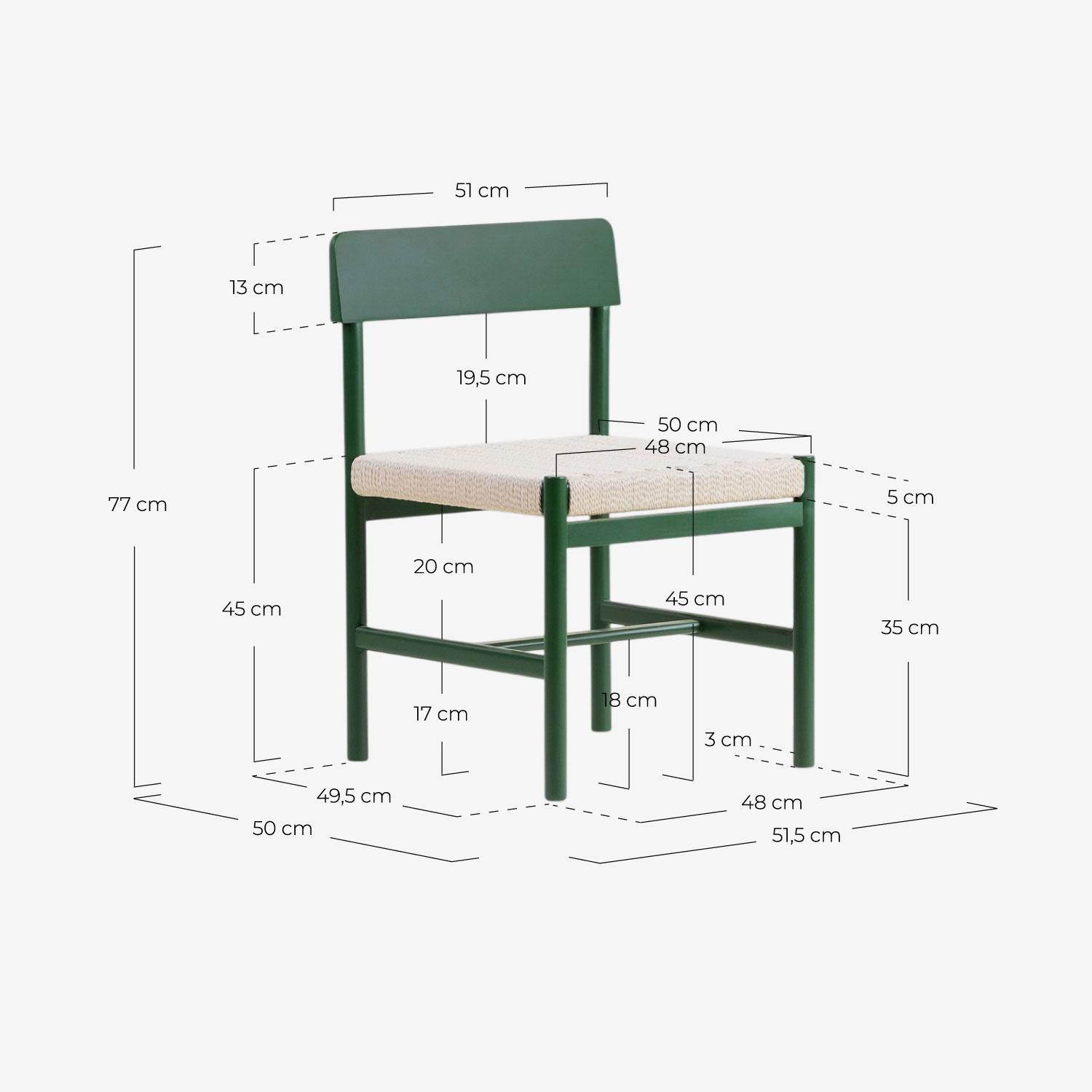 Pack 2 Chaises de Salle à Manger en Bois et Rotin Paula, dimensions