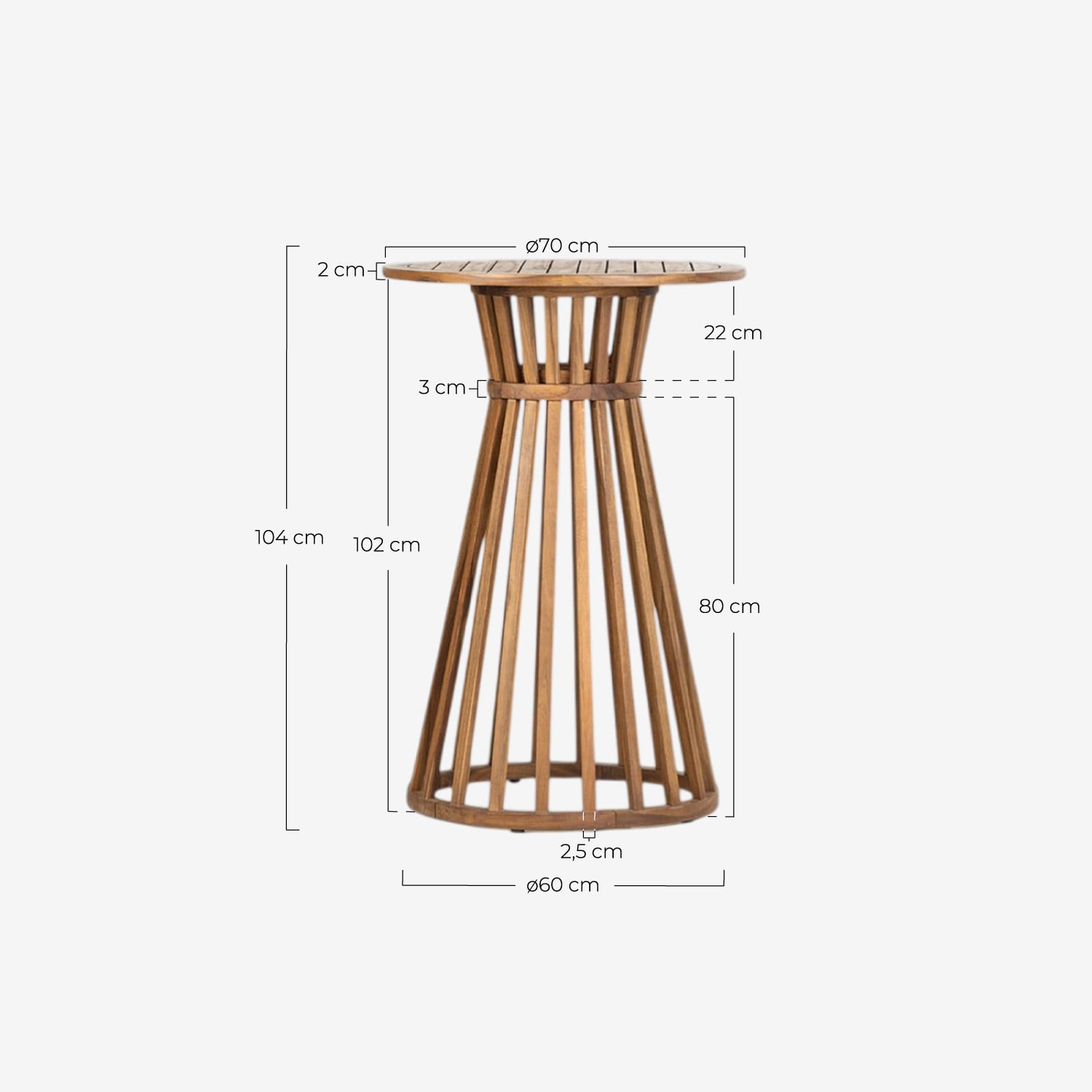 Table Haute d'Extérieur Ronde en Bois d'Acacia (Ø70 cm) Hazan, dimensions