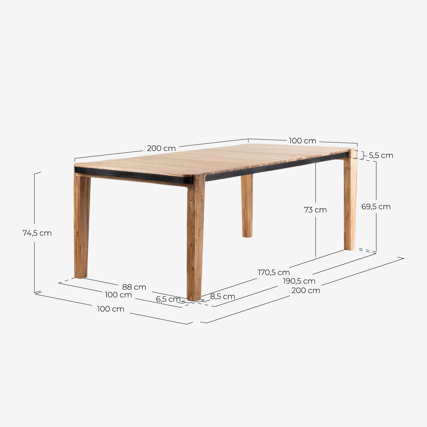 Table d'Extérieur Rectangulaire en Bois d'Acacia (200x100 cm) Lizzy, dimensions