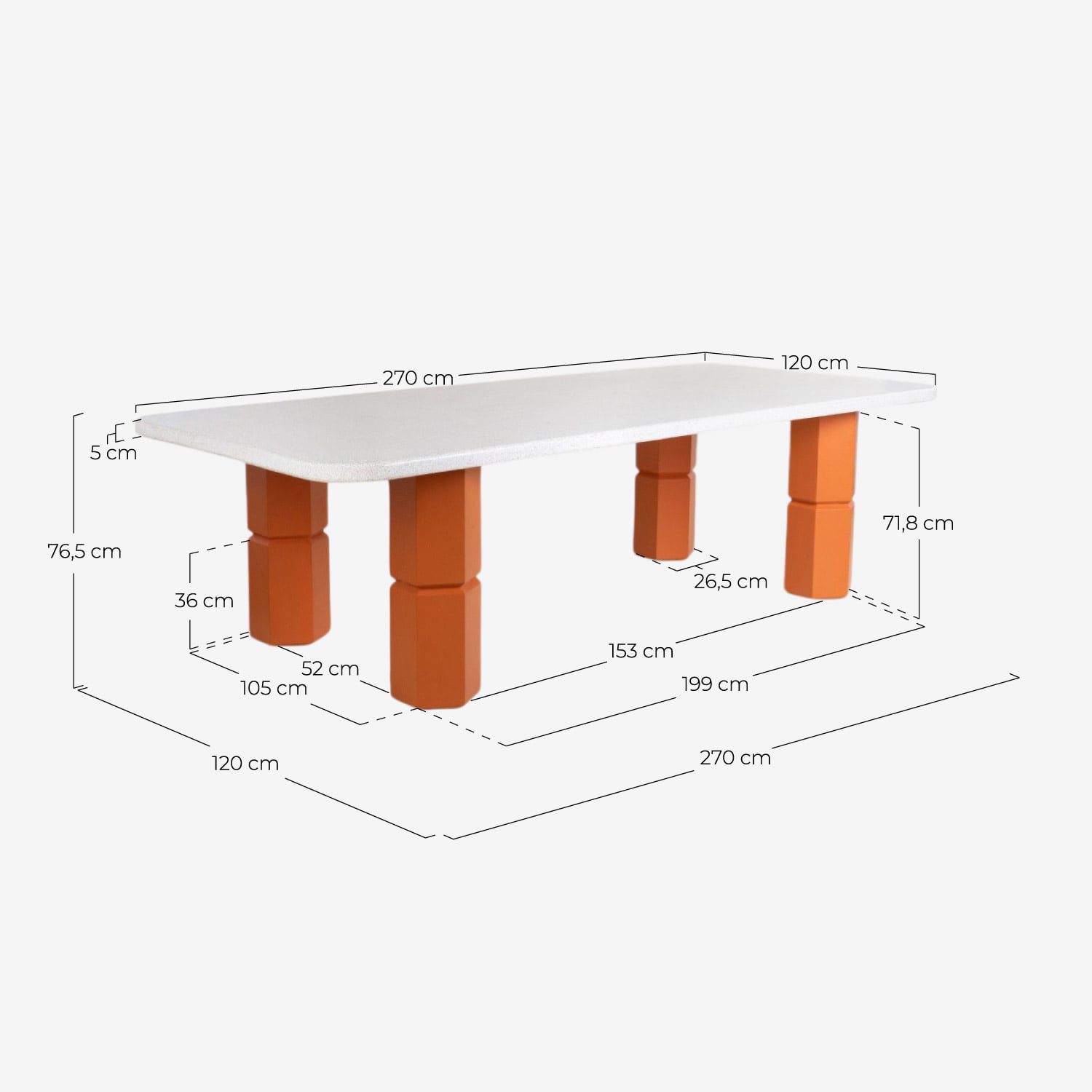 Table d'Extérieur Rectangulaire en Terrazzo et Bois d'Acacia (270x120 cm) Ixiar, dimensions