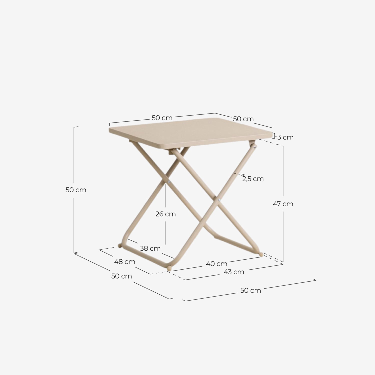 Table d'Appoint Pliante d'Extérieur en Métal (50x50 cm) Bowye, dimensions