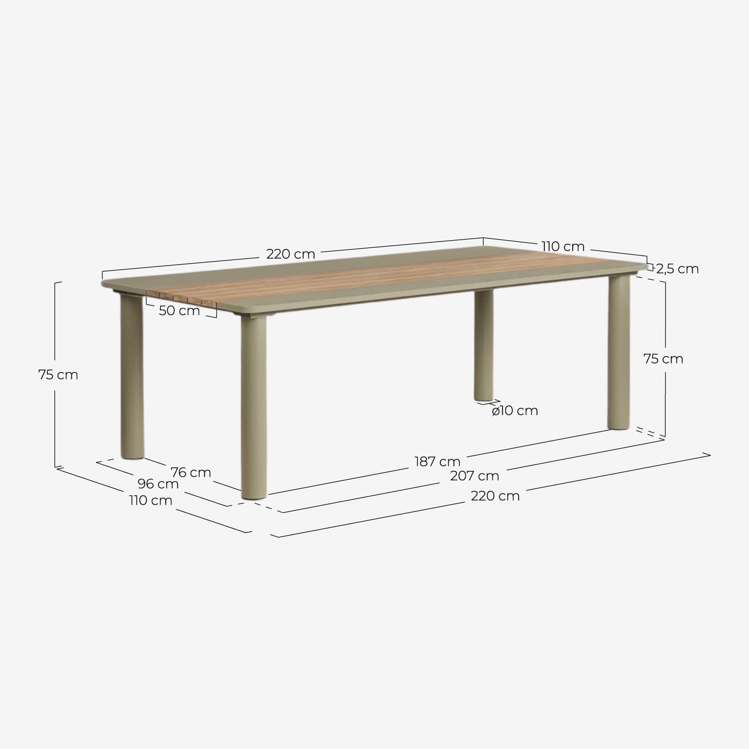 Table de Salle à Manger Rectangulaire en Metal et Bois de Teck (220x110 cm) Lirae, dimensions