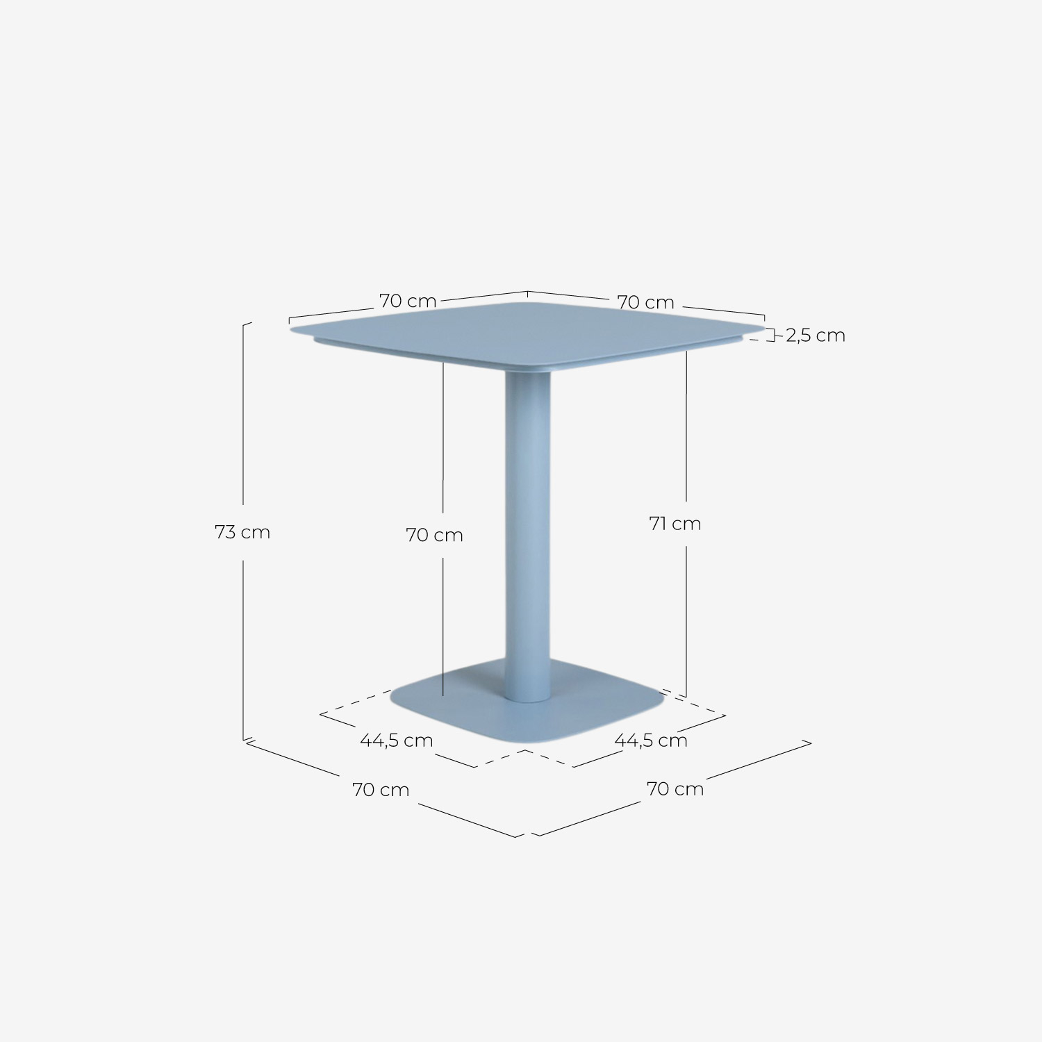 Table de salle à manger carrée 70x70 cm en métal Zoilo, dimensions