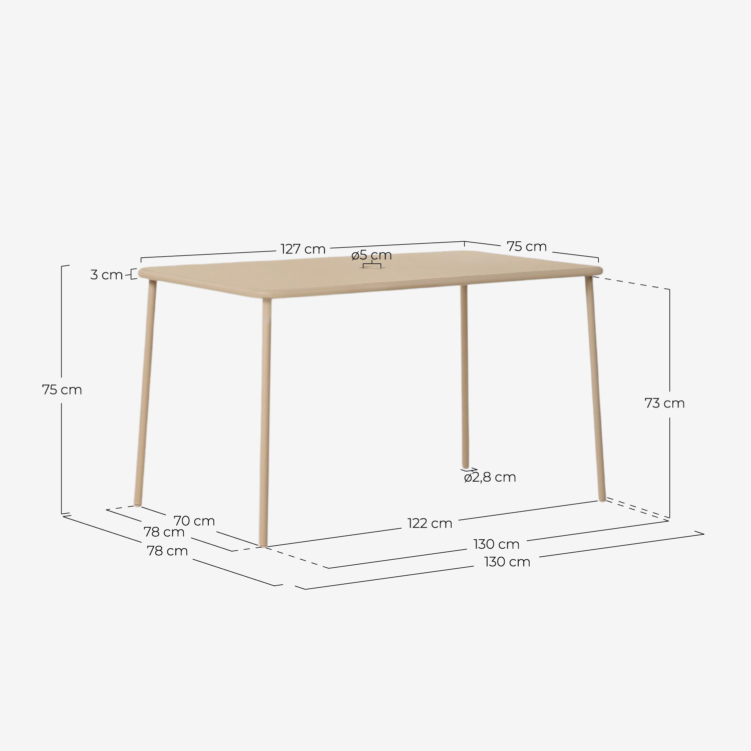 Table d'Extérieur Rectangulaire en Métal (130x78 cm) Mijail, dimensions