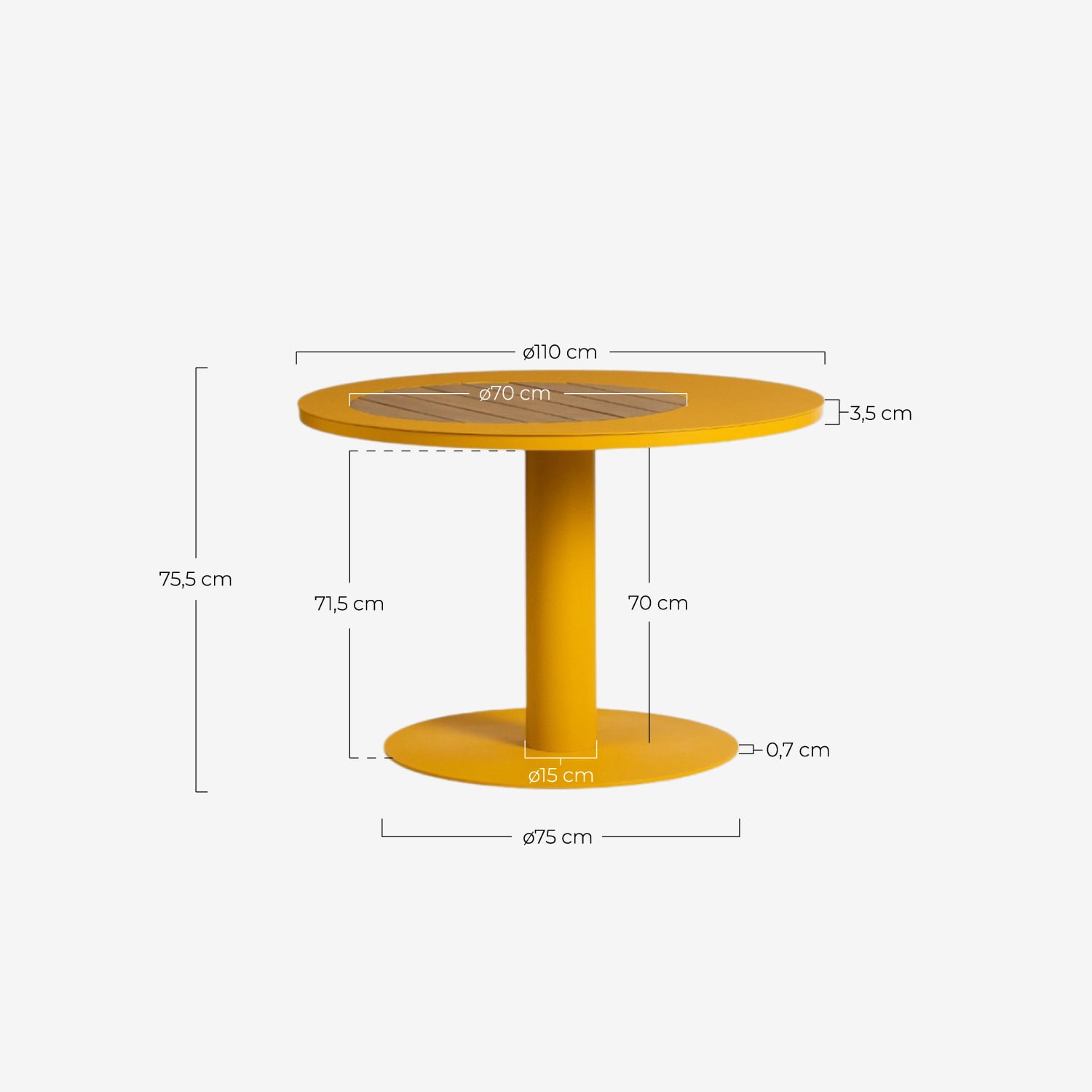 Table Ronde d'Extérieur en Métal et Bois de Teck (Ø110 cm) Lirae, dimensions