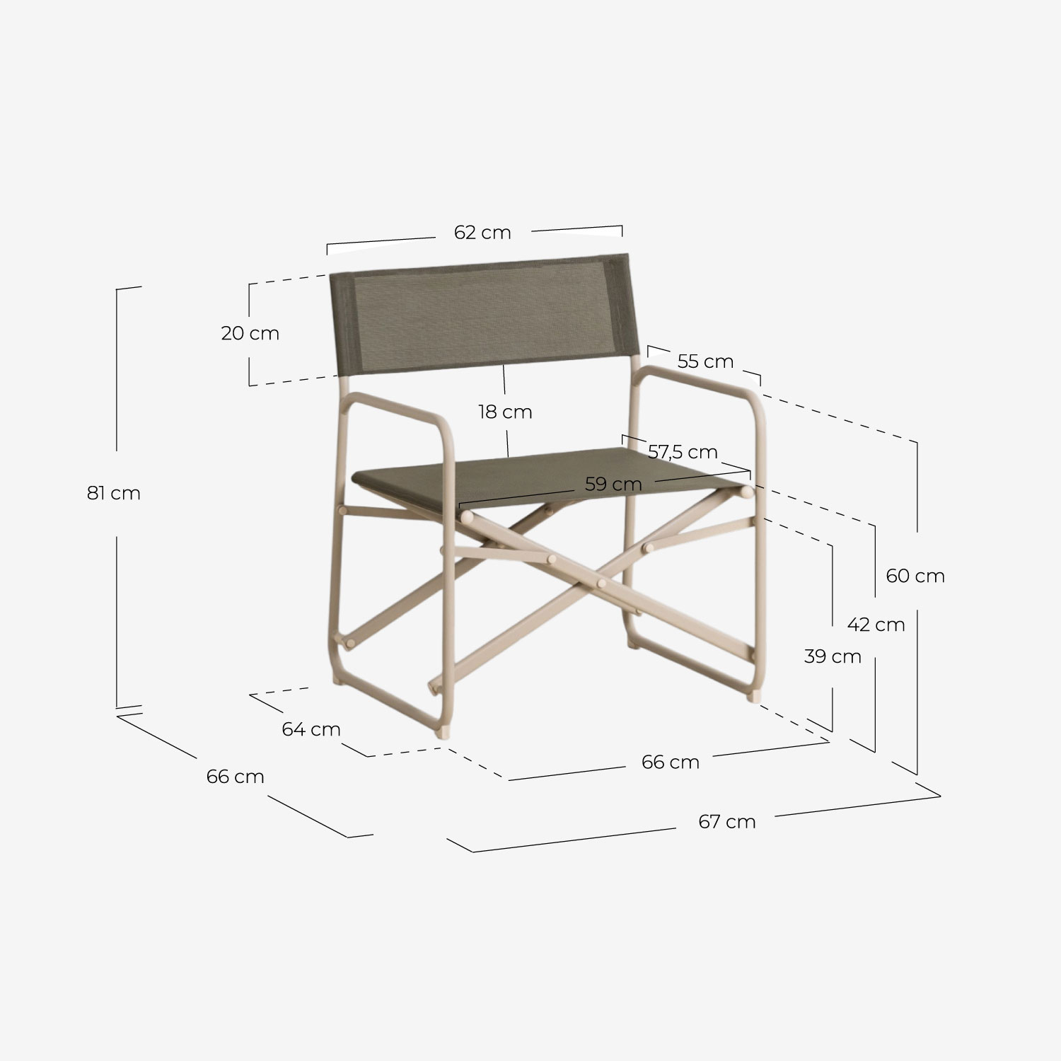 Pack de 2 Fauteuils de Jardin Pliants en Métal et Tissu Bowye, dimensions
