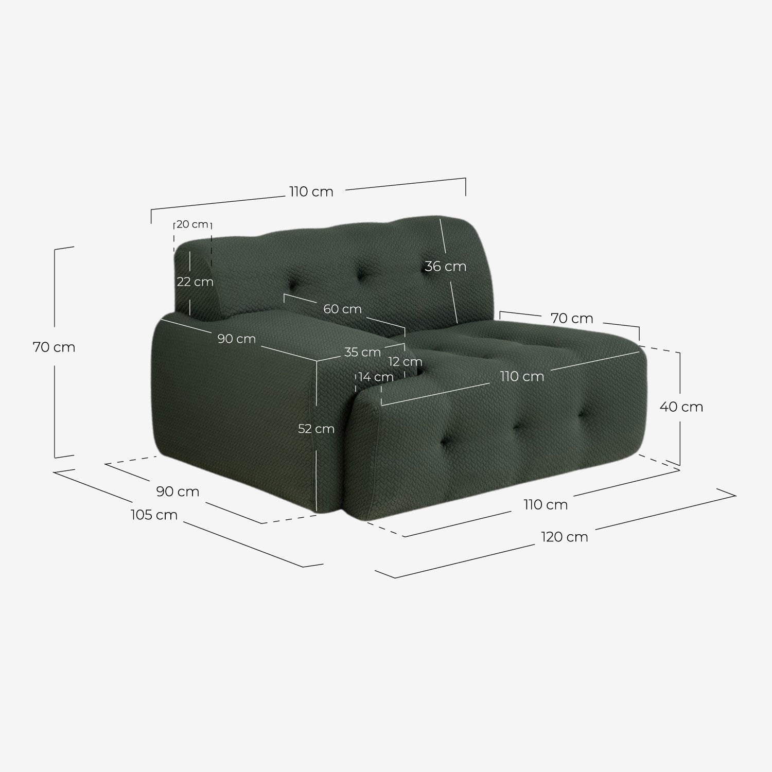Canapé Modulaire 3 Pièces Sous Vide comprenant 2 Modules d'Angle et Module Central en Tissu Nahual, dimensions