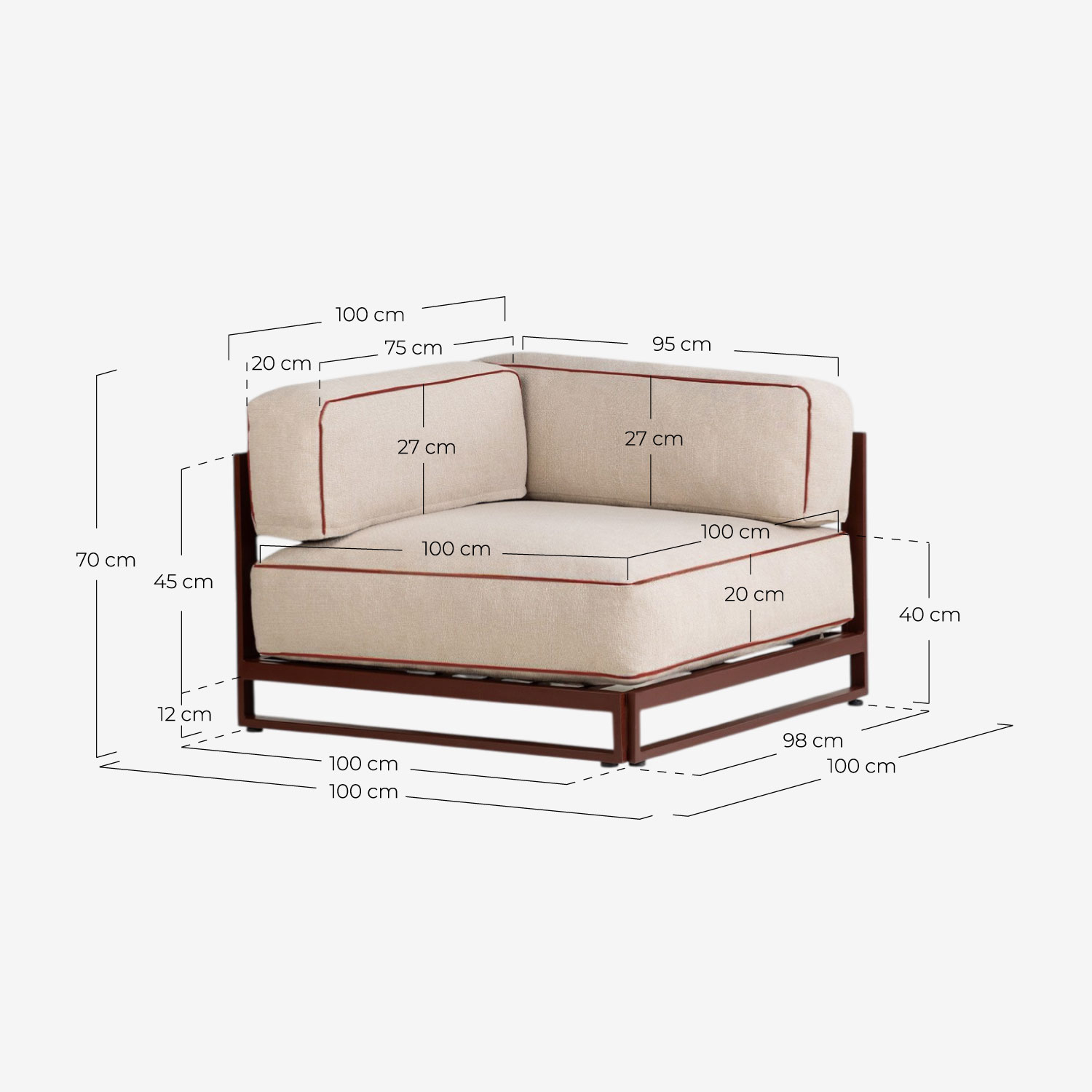 Canapé de Jardin Modulaire 2 Pièces Module d’Angle et Module Central avec Pouf en Métal et Tissu Kristen, dimensions
