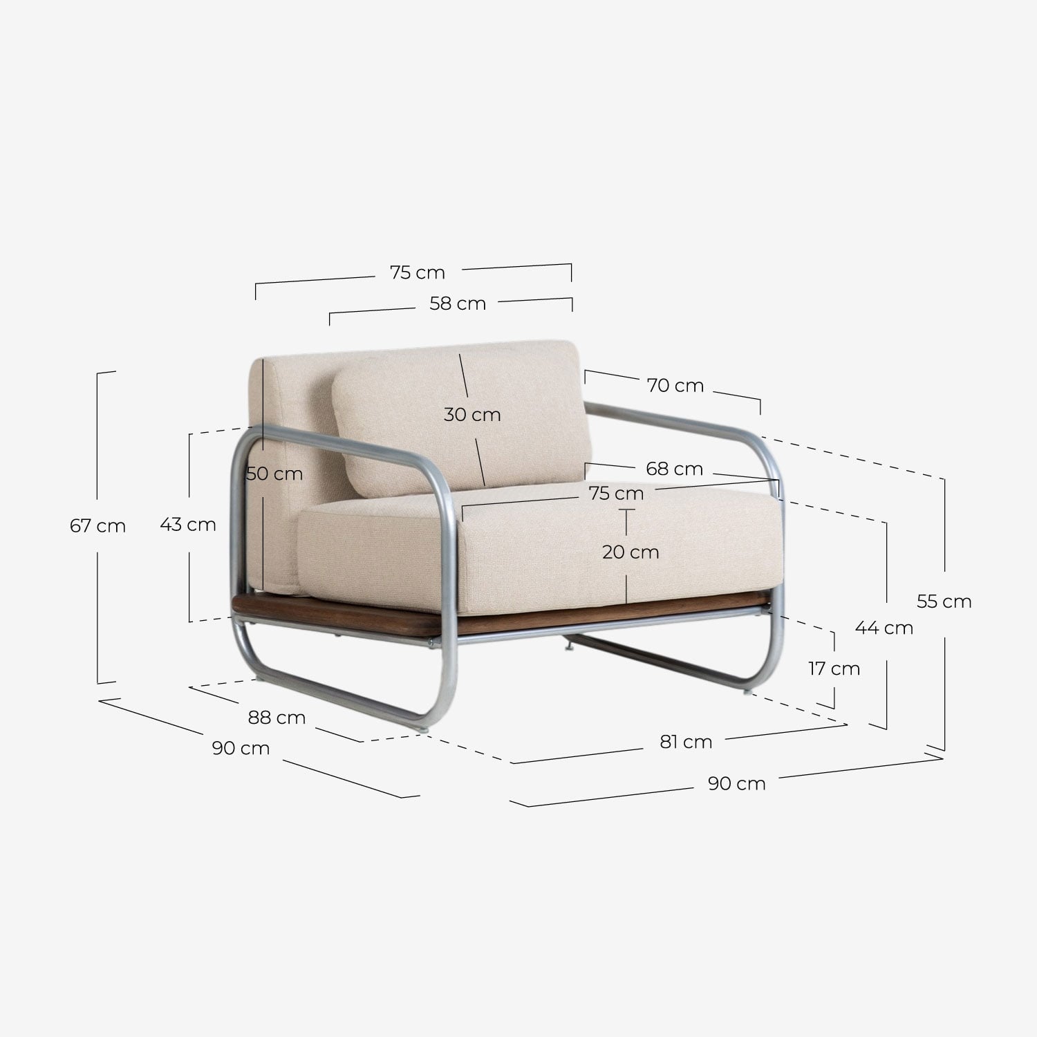 Fauteuil de Jardin en Métal et Tissu Ahrus, dimensions