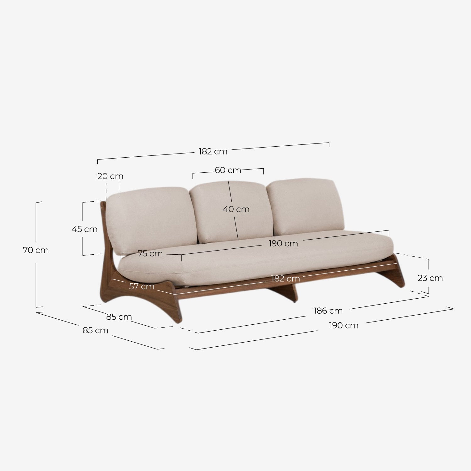 Canapé de Jardin 3 Places en Bois d'Acacia et Tissu Lorent, dimensions