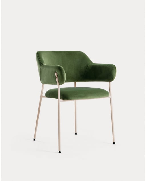 Chaise de Salle à Manger avec Accoudoirs en Tissu et Métal Stana - Vert Olive