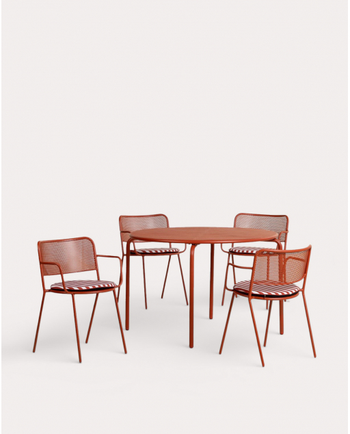 Ensemble d'extérieur avec table ronde Ø110 cm et 4 chaises avec accoudoirs en métal Dorothea - Rouge Brick