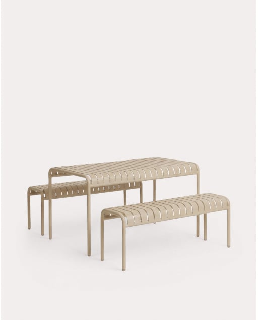 Ensemble Table Rectangulaire d'Extérieur (130x80 cm) et 2 Bancs en Métal Tavo - Brun Clay