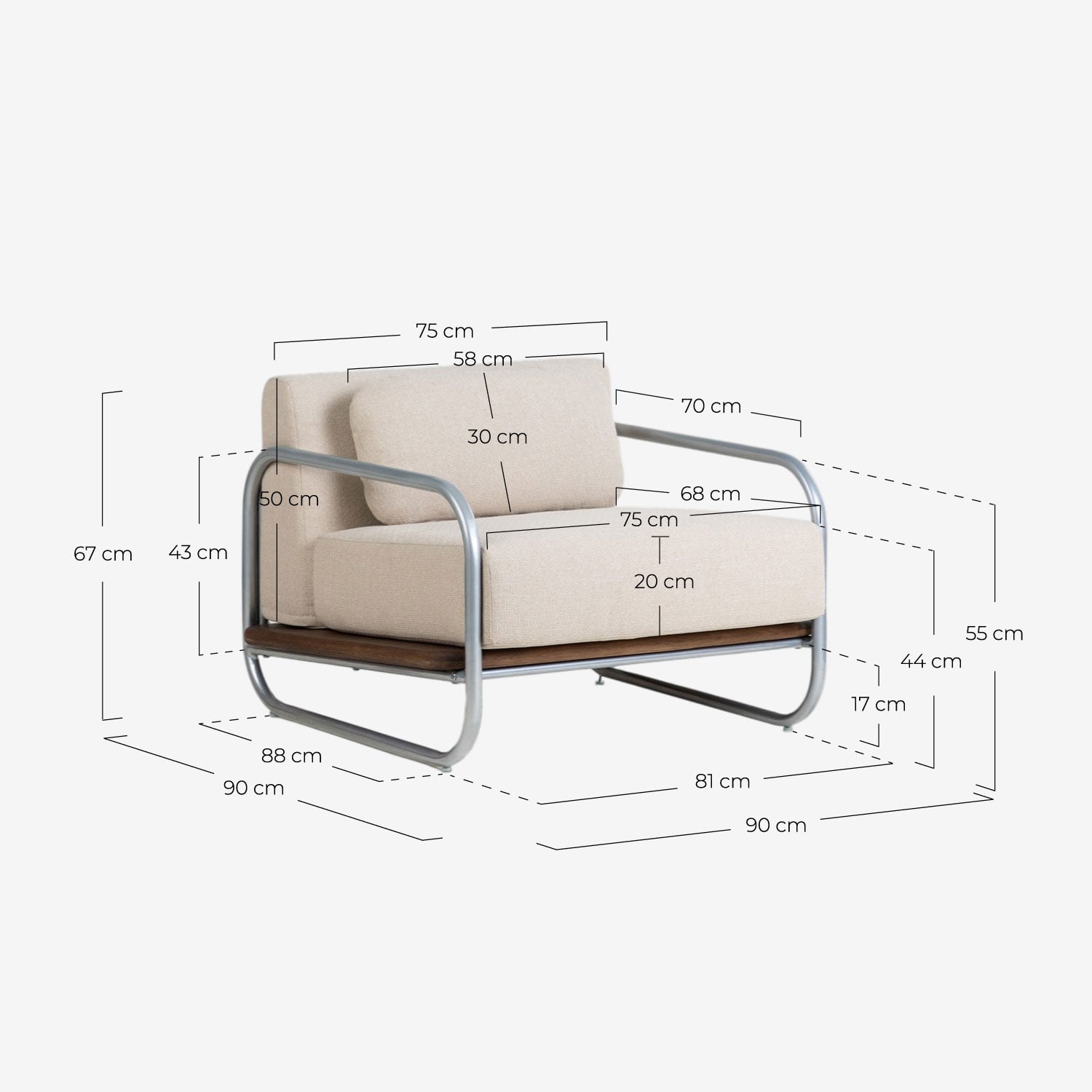 Pack 2 Fauteuils de Jardin en Métal et Tissu Ahrus, dimensions