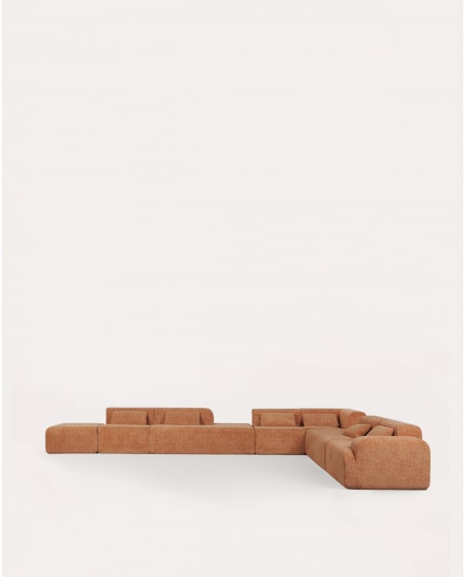 Ensemble de canapé modulaire 6 pièces sous vide avec méridienne, module d'angle, module central et pouf en tissu Rhys