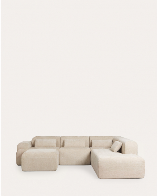 Canapé modulaire 4 pièces sous vide avec modules d'angle, module central, module chaise longue et module pouf en tissu Rhys - Beige Seashell