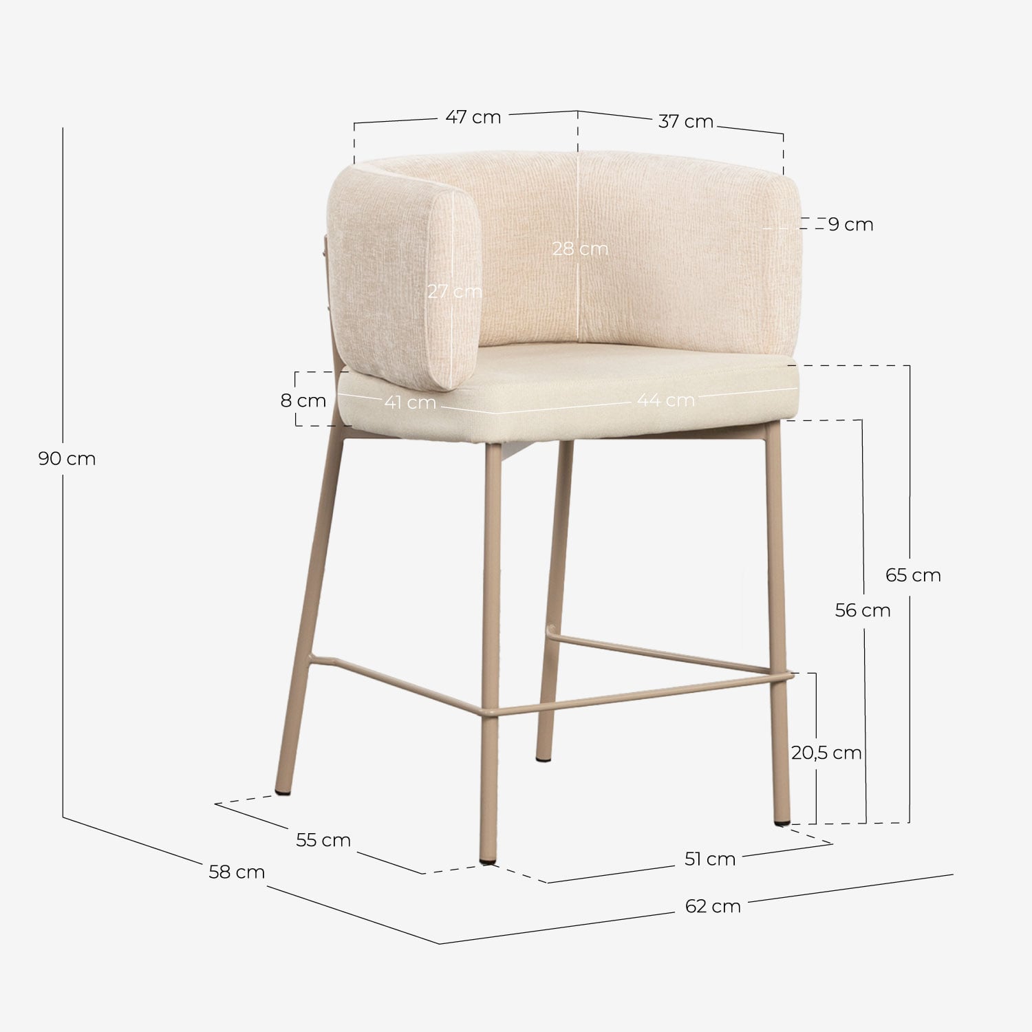 Tabouret haut en tissu et métal (65 cm) Hades Soft, dimensions