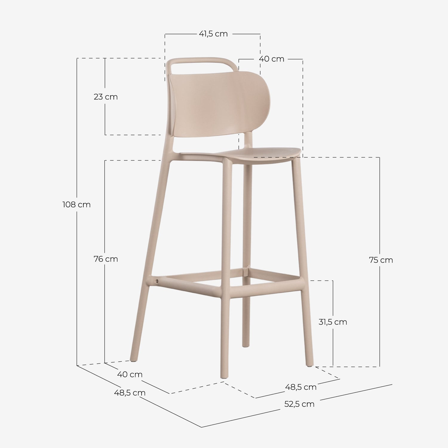 Pack 4 Tabourets d'Extérieur hauts en Polypropylène (75 cm) Kole, dimensions