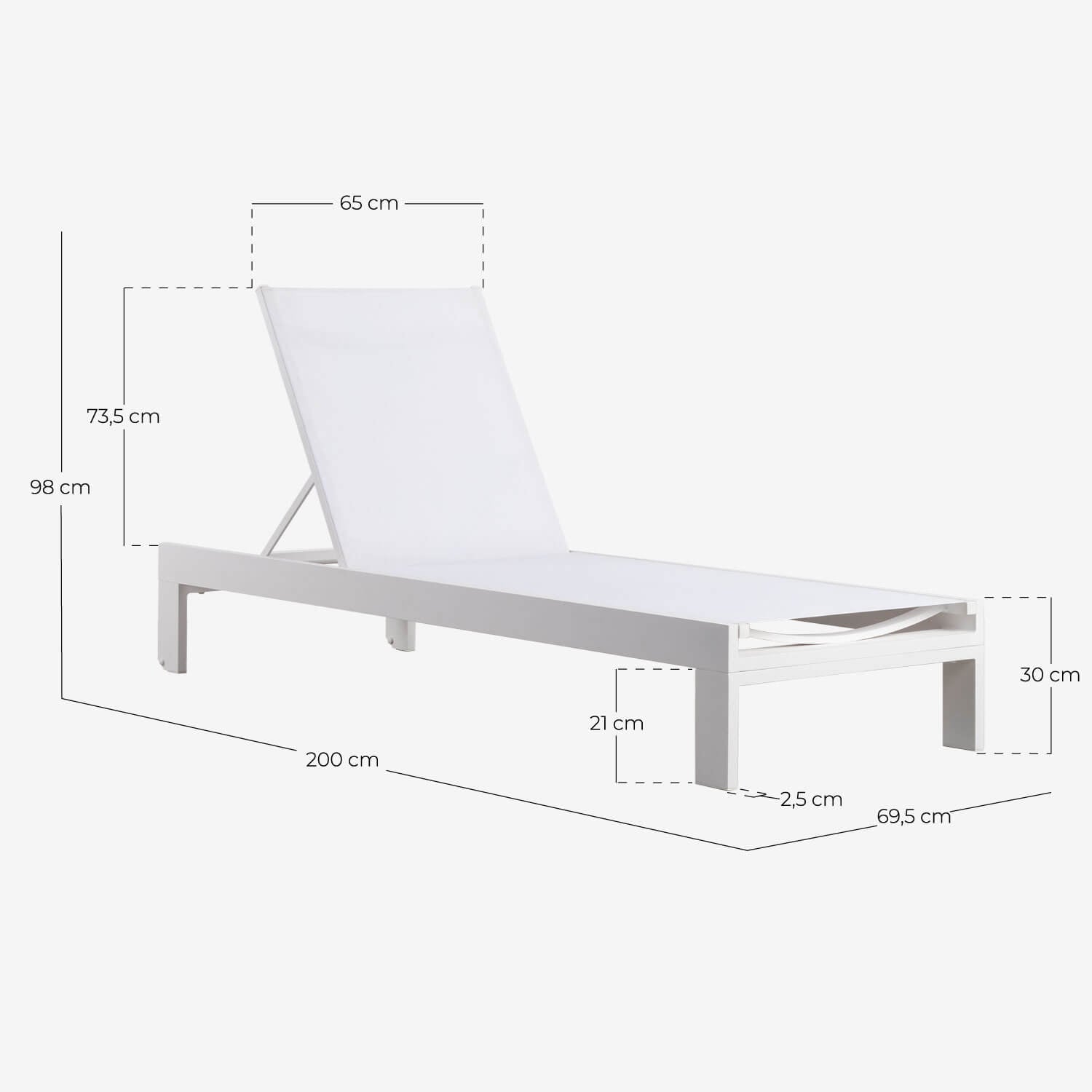 Bain de soleil inclinable en aluminium Kreta avec coussin en tissu Edimbra, dimensions