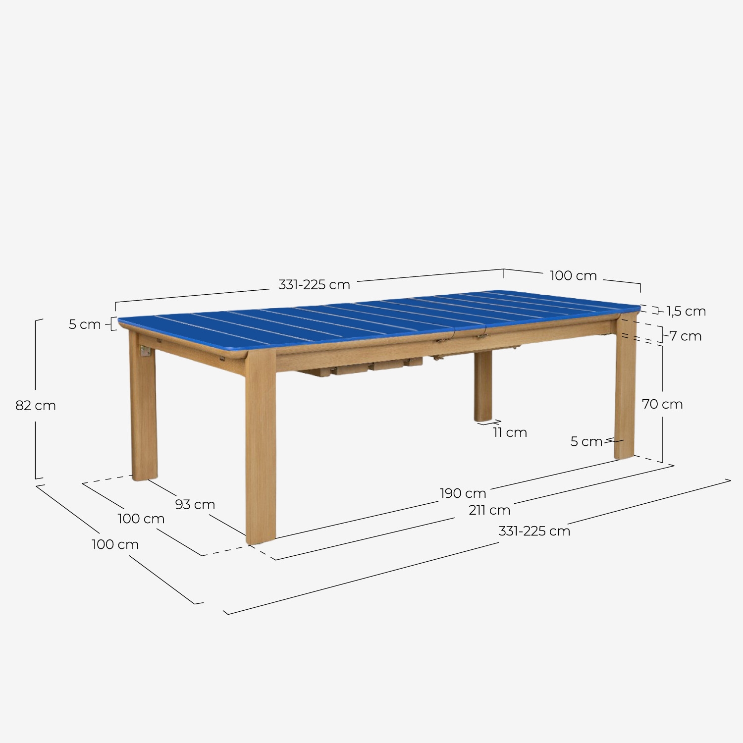 Ensemble Table Extensible Rectangulaire (225-330x100 cm) Ubel et 8 Fauteuils en Bois d'Acacia Tanon pour Usage Extérieur, dimensions