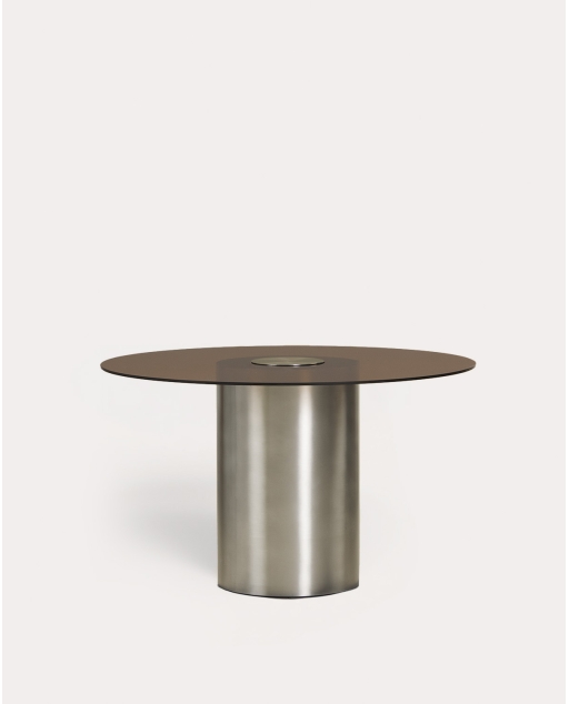 Table de Salle à Manger Ronde en Verre Trempé et Acier Brossé (Ø130 cm) Revna