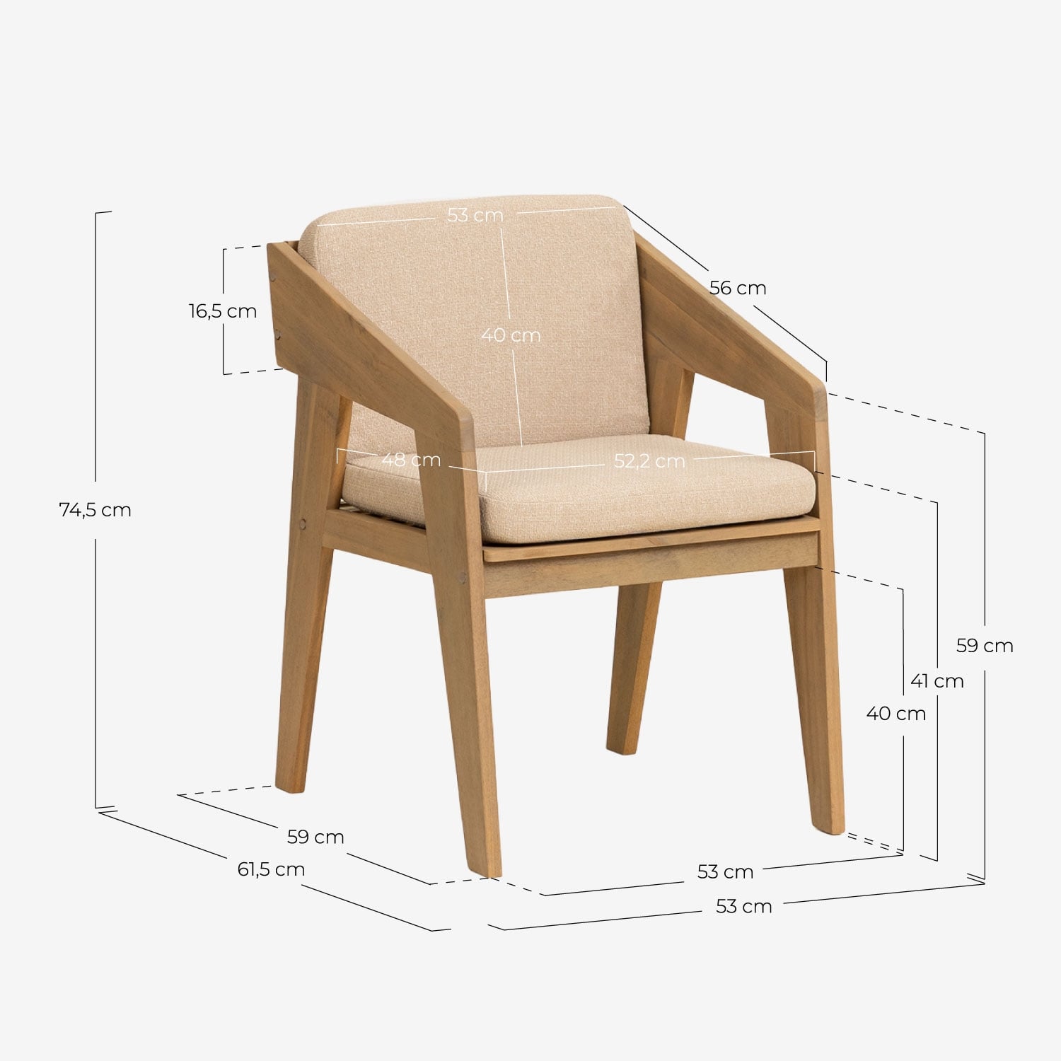 Chaise de salle à manger avec accoudoirs en bois d'acacia Tanon, dimensions