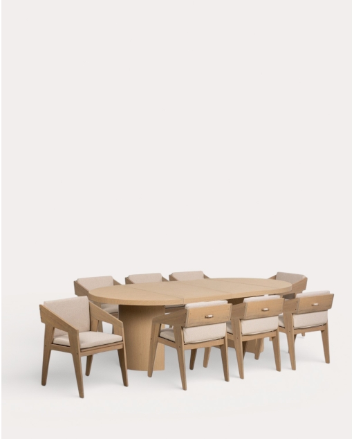 Ensemble Table Extensible en Métal Beca (Ø120-180x120 / 240x120 cm) et 8 Fauteuils d'Extérieur en Bois d'Acacia Tanon