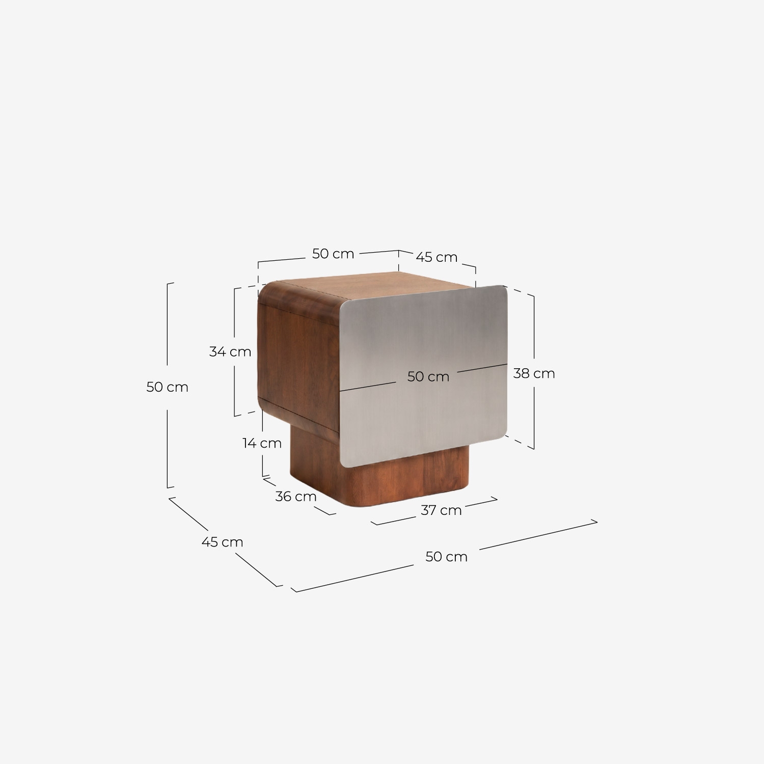 Table de chevet rectangulaire 50x45 cm en bois de manguier et tiroir en métal Arties, dimensions