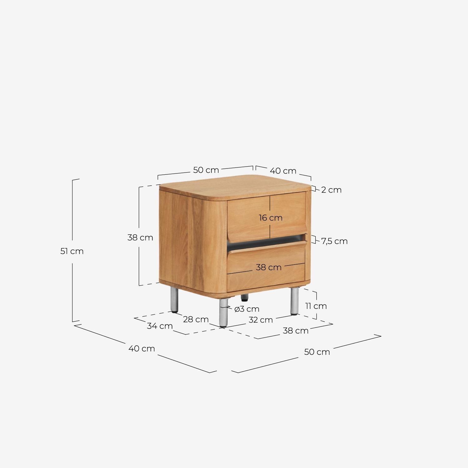 Pack de 2 tables de chevet rectangulaires 51x40 cm avec 2 tiroirs en bois de manguier et métal Mhuan, dimensions