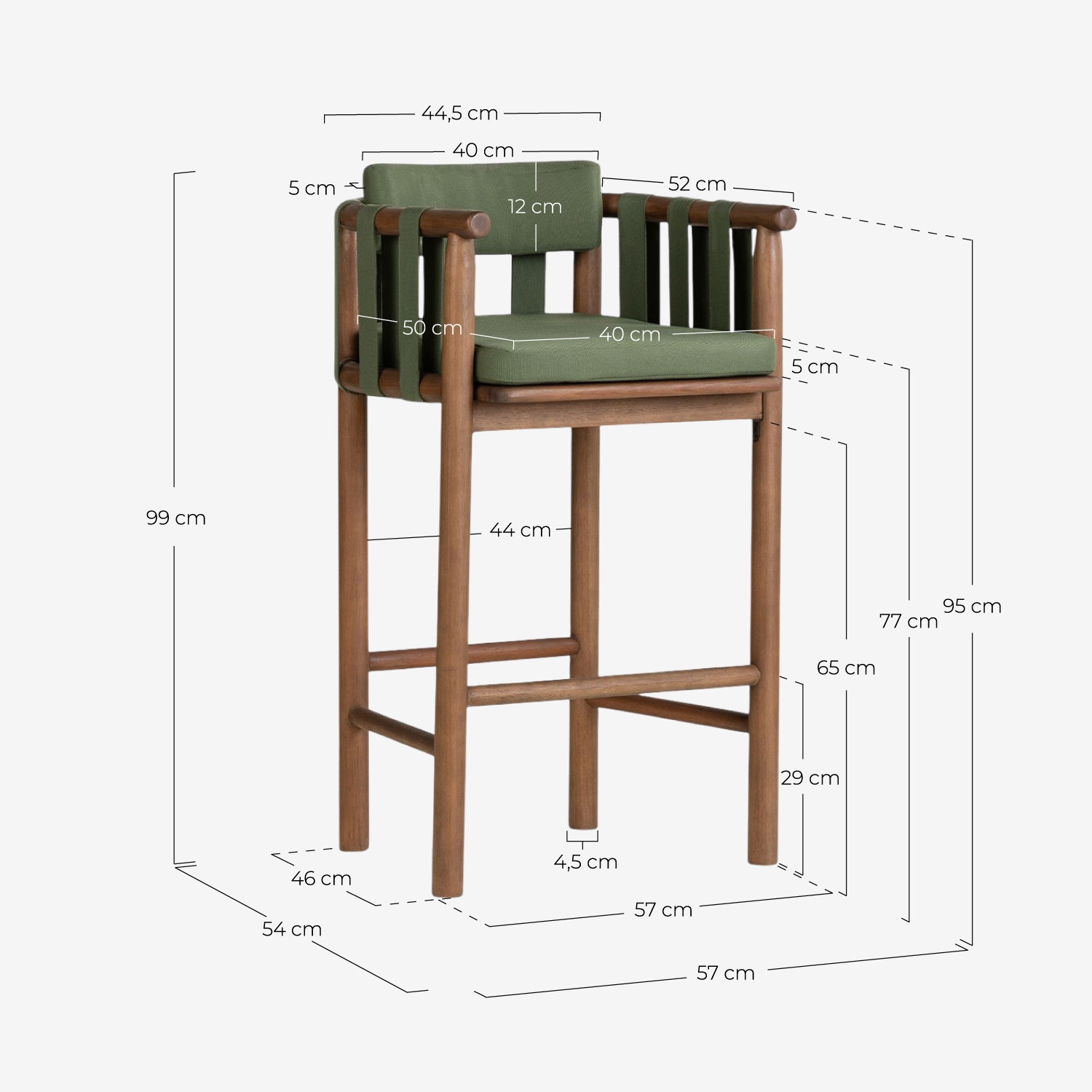 Set avec table haute carrée de salle à manger 70x70 cm et 4 tabourets hauts en bois d'eucalyptus et tissu Edvard, dimensions