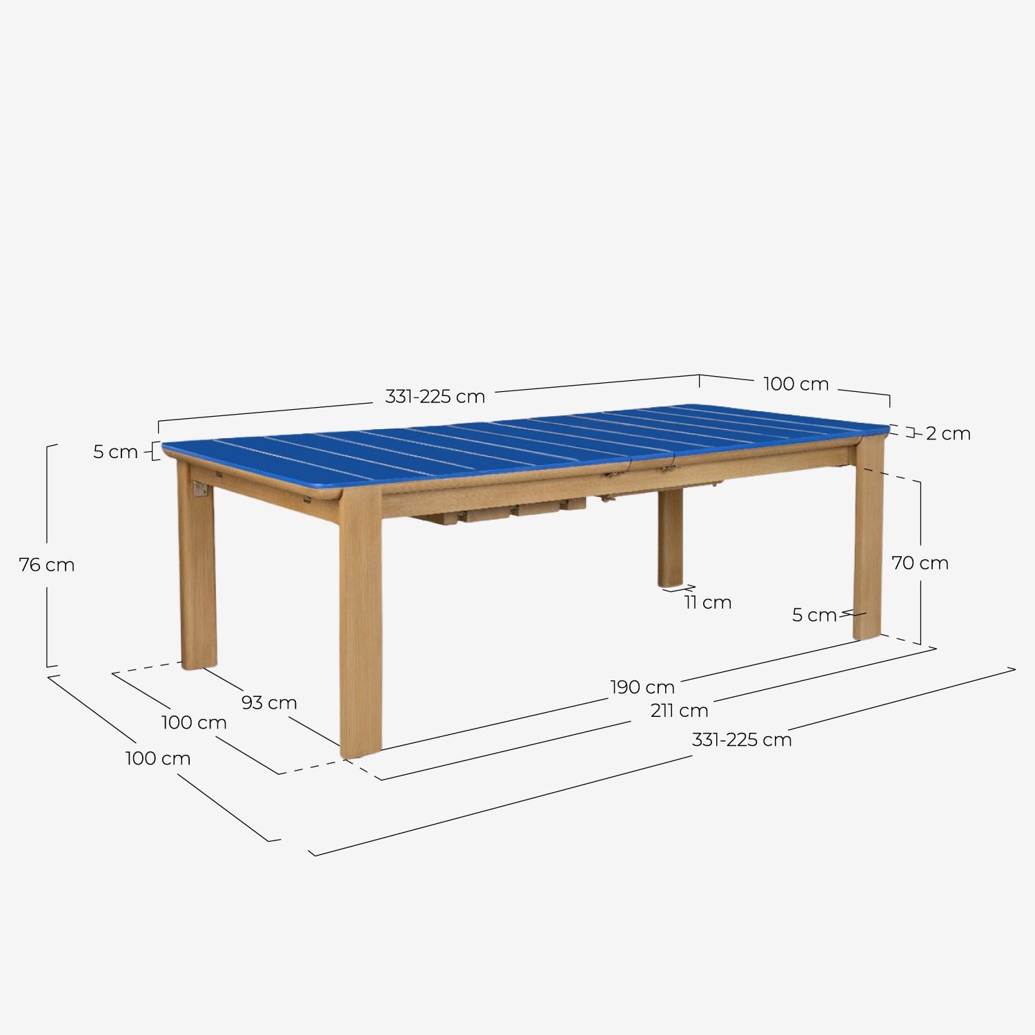 Table extensible rectangulaire 225-330x100 cm de salle à manger en ciment aspect carreaux et bois d'acacia Ubel, dimensions