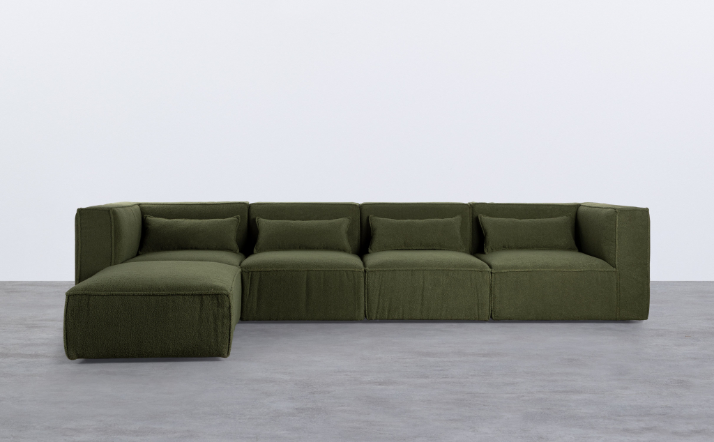 Divano Modulare 4 Pezzi con 2 Poltrone Angolari e Pouf in Tessuto Bouclé Kilhe