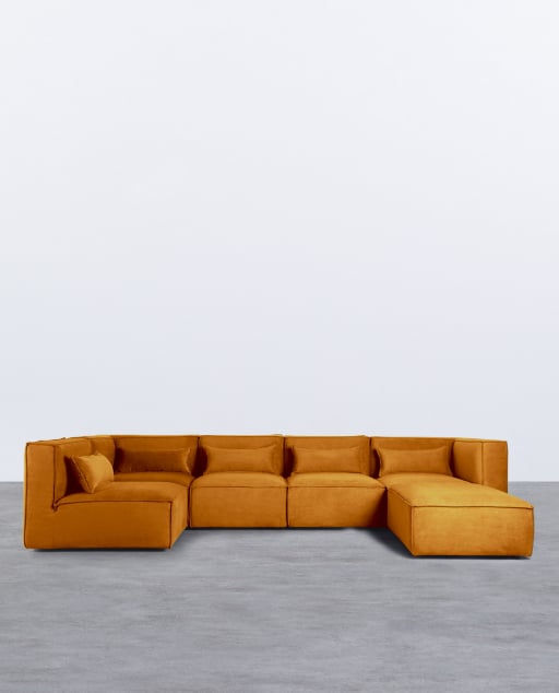Divano Modulare a 5 Pezzi e Pouf in Velluto a Coste Kilhe - Velluto -Giallo Curry